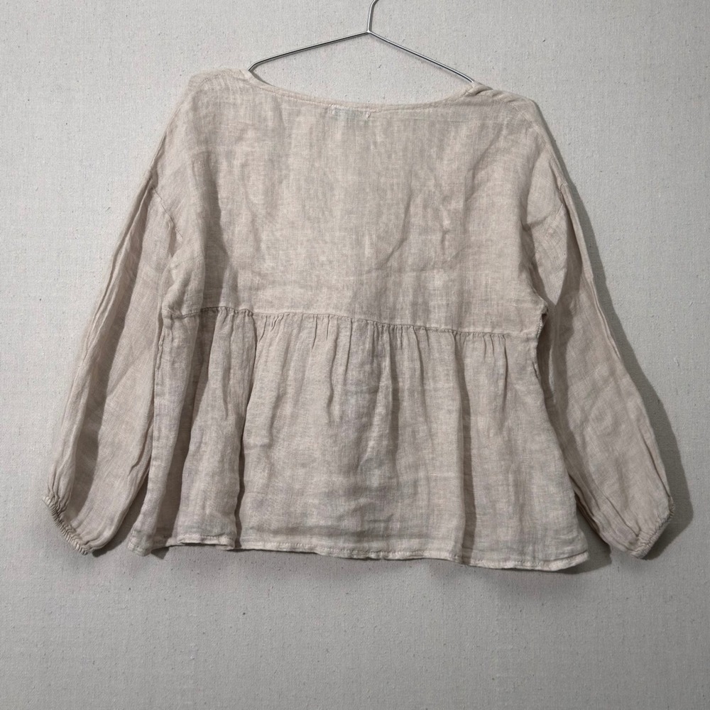 Made in Italy 100% linen Peasant Blouse Tie Front Babydoll Boho beige - Picture 7 of 7